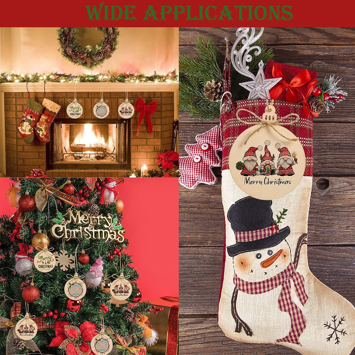 Collage of Christmas decorations including stockings, tree, and wreath with 'Merry Christmas' text.