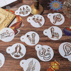 Set of Diwali-themed stencils on a wooden surface with decorative elements.
