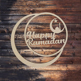 Decorative sign with 'Happy Ramadan' text on a wooden background
