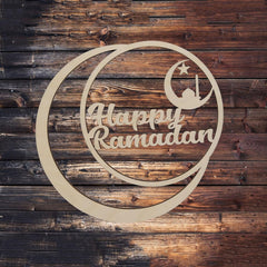 Decorative sign with 'Happy Ramadan' text on a wooden background