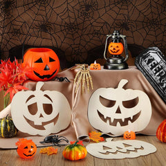 Halloween-themed table setting with pumpkins, lanterns, and decorations against a spider web backdrop.
