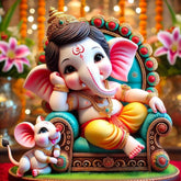 Decorative statue of a神灵 with a mouse on a colorful background