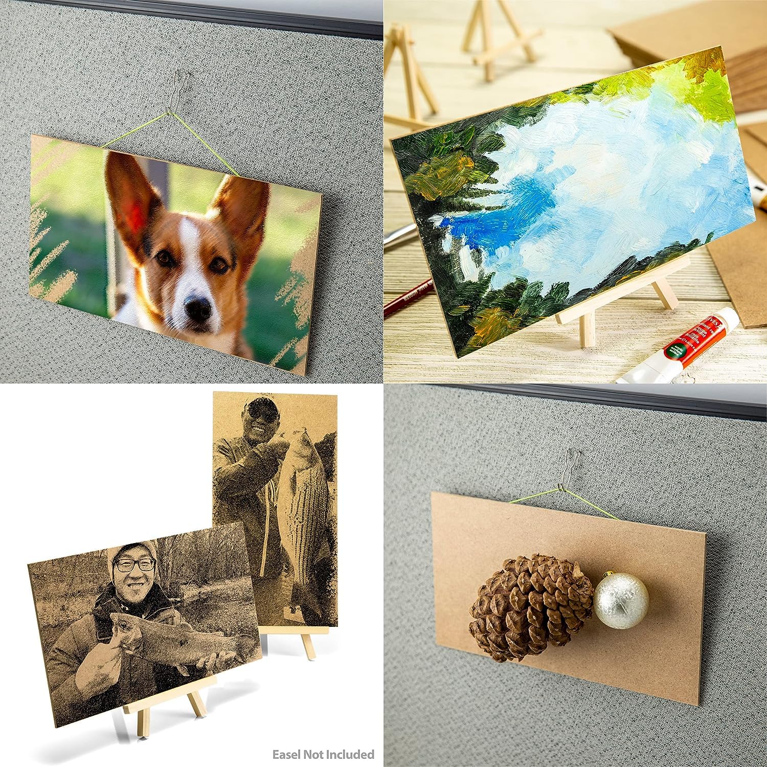 Collage of various photo prints on a textured surface with a small pine cone and pearl on a cardboard piece.