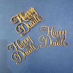 Three decorative wooden signs with 'Happy Diwali' text on a blue background