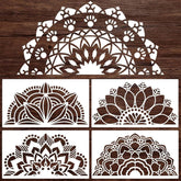 Set of five decorative mandala designs on a wooden background