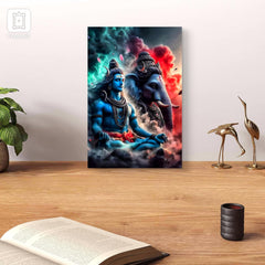 Canvas print of a deity and elephant on a wall with decor items below