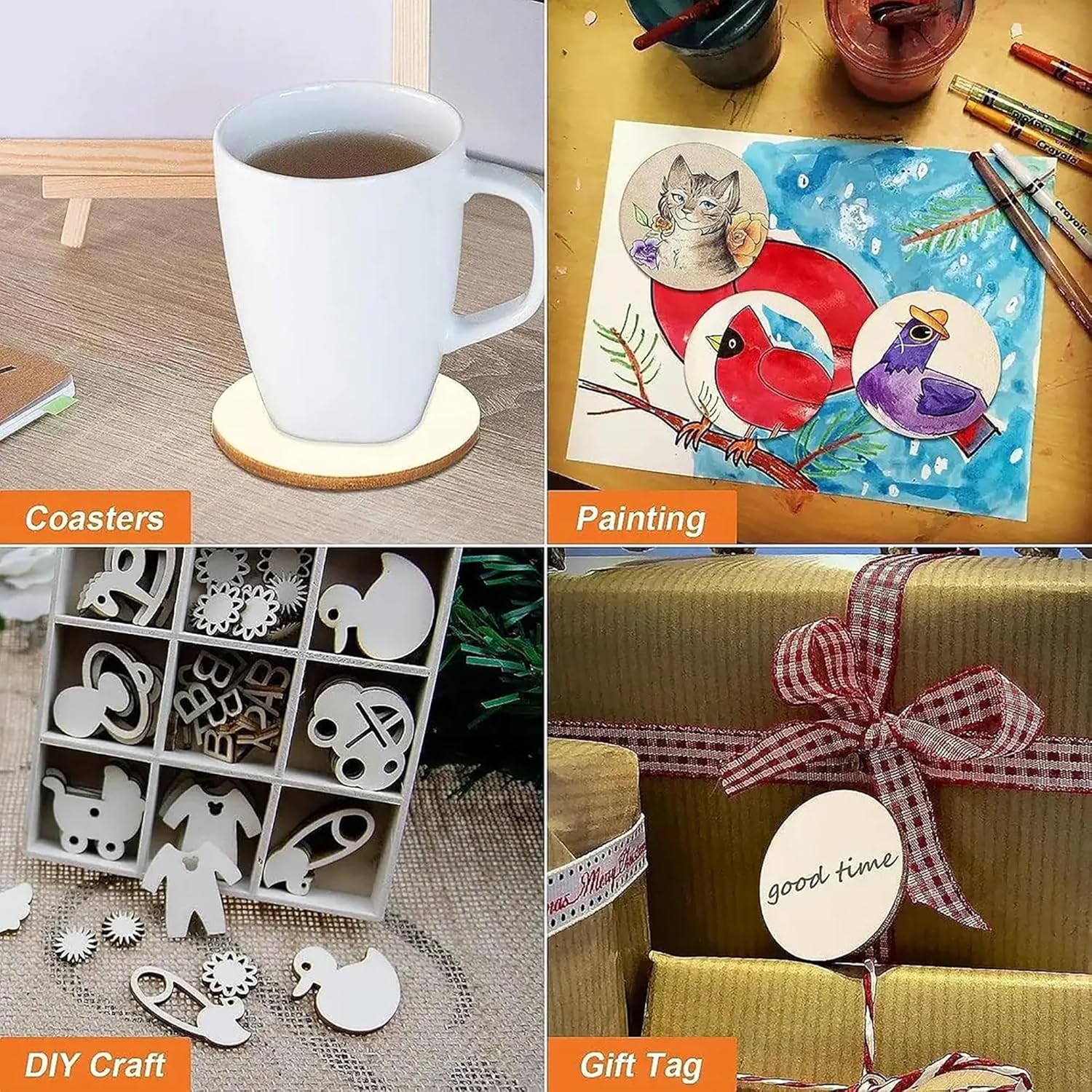 Collage of items including a mug with coasters, painting supplies, wooden craft shapes, and a gift tag.