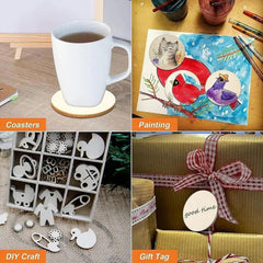 Collage of items including a mug with coasters, painting supplies, wooden craft shapes, and a gift tag.