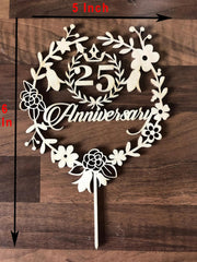 Cliths Wooden 25th Anniversary Cake Topper Rustic Wedding Anniversary Cake Decoration for Couple Silver Jubilee Party Decor Cake Accent for Dessert Table