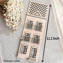 Decorative wooden window shapes with measurement details on a textured surface.