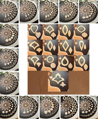 Collage of decorative stencils with intricate patterns on a brown background.