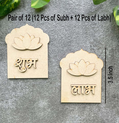 Two wooden lotus-shaped signs with 'Subh' and 'Labh' text on a gray background.