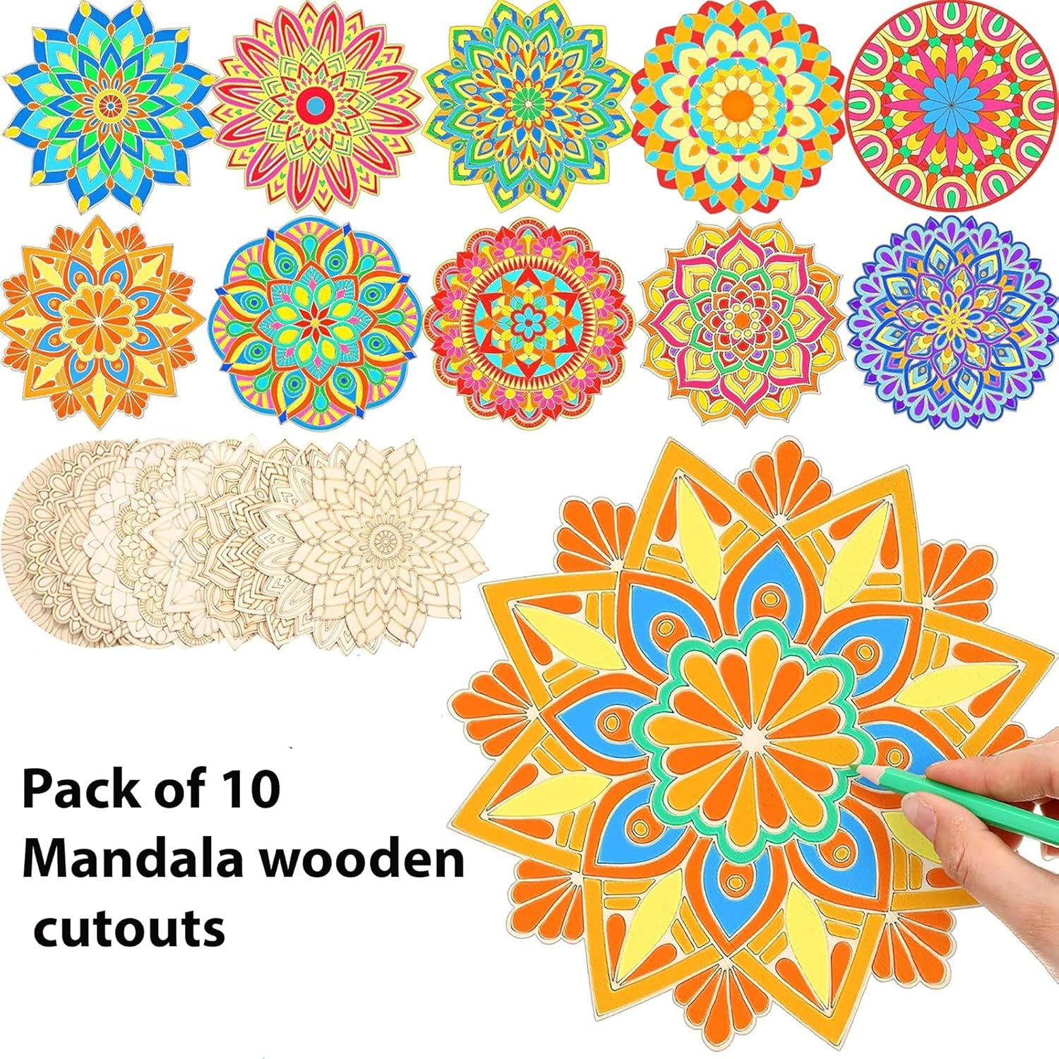 Pack of 10 colorful mandala wooden cutouts with a hand holding one, on a white background.
