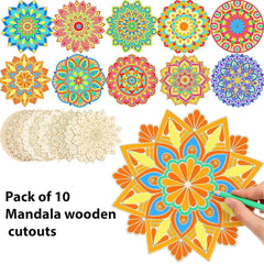 Pack of 10 colorful mandala wooden cutouts with a hand holding one, on a white background.