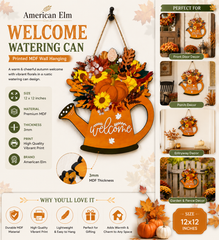American Elm Welcome Watering Can Fall Wall Hanging with Pumpkin Sunflowers and Autumn Leaves for Front Door Porch and Entryway Decor Ready to Hang