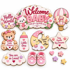 Welcome Baby Photo Shoot Kit Set of 9 Wooden Props Newborn Photography Decor Props Nursery Keepsake Themed Prop Set American Elm