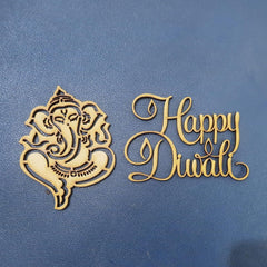 Decorative cutout of Ganesha and 'Happy Diwali' text on a blue background