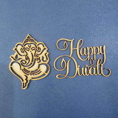 Decorative cutout of Lord Ganesha and 'Happy Diwali' text on a blue background