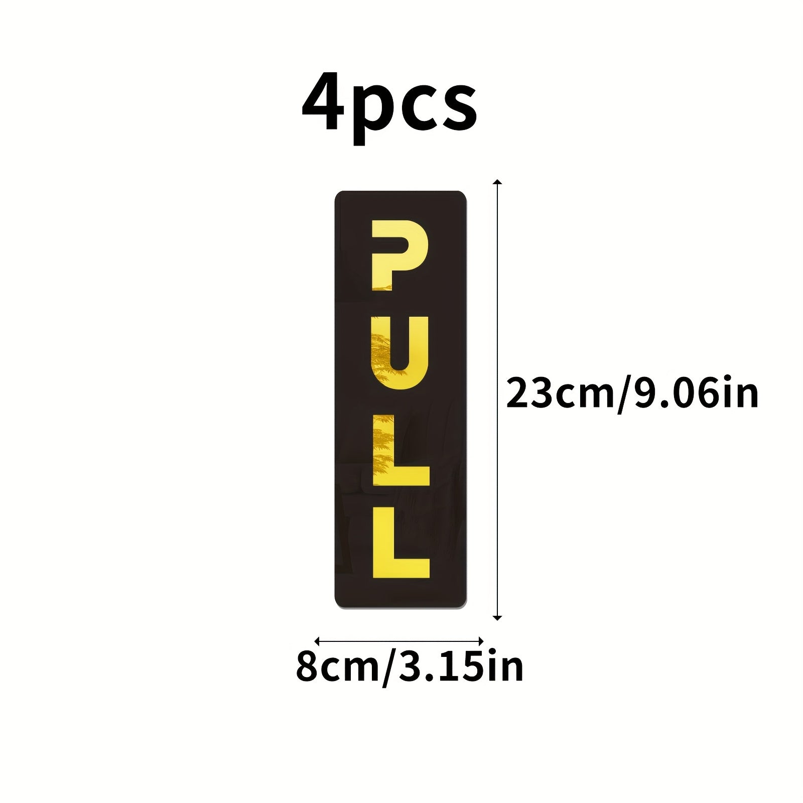 Black and gold 'PULL' sign with dimensions on a white background