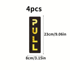 Black and gold 'PULL' sign with dimensions on a white background