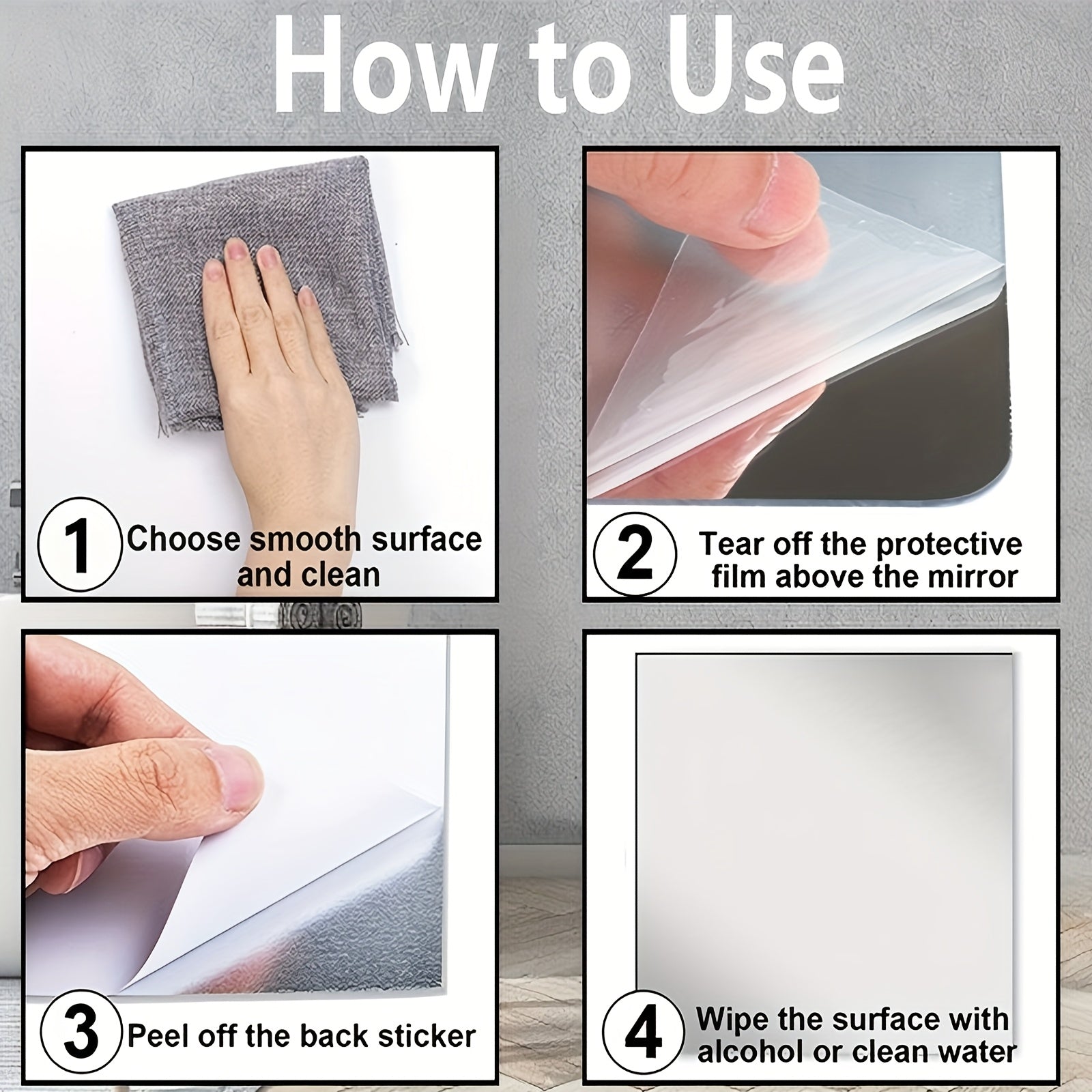 Step-by-step guide on how to use a mirror protection film with text and images.