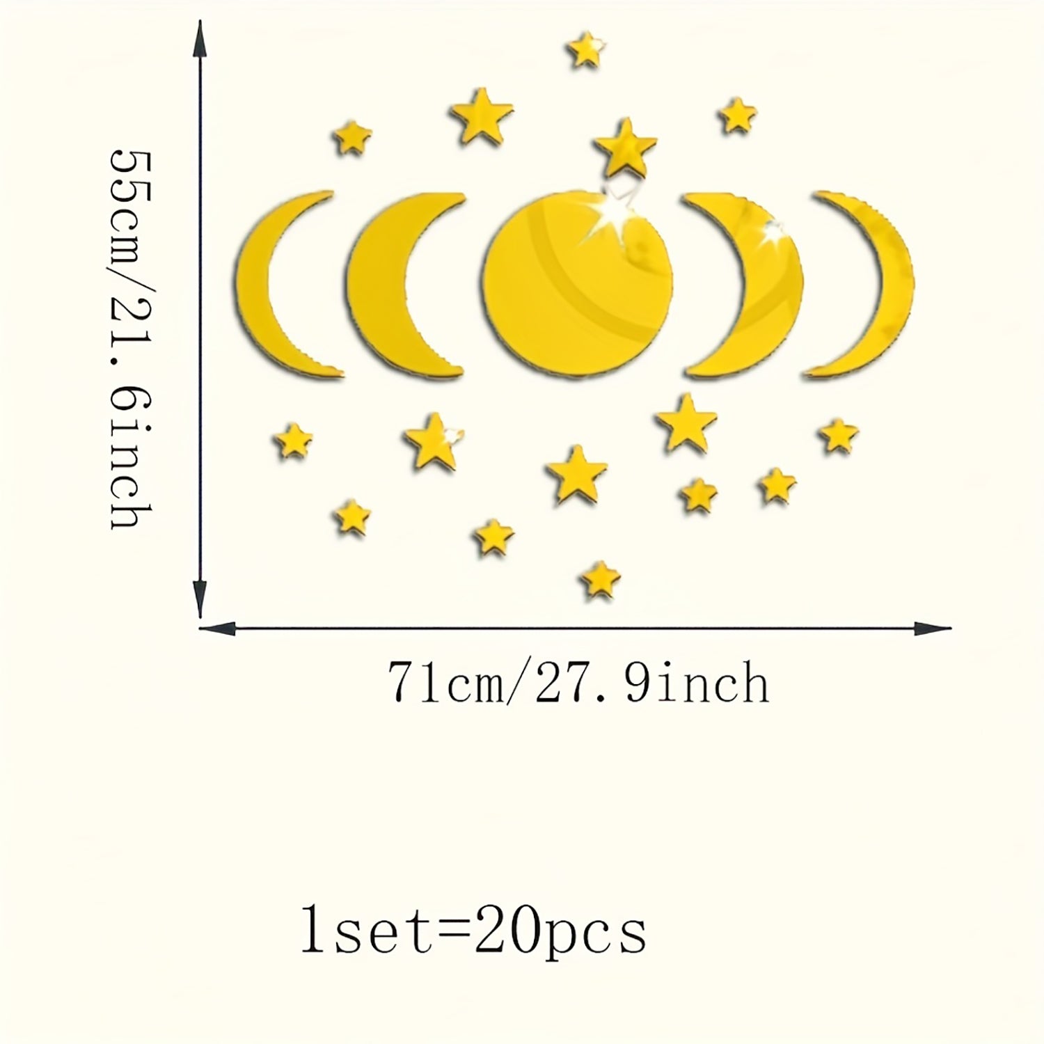Set of yellow moon and star decals with measurements on a white background