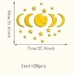 Set of yellow moon and star decals with measurements on a white background