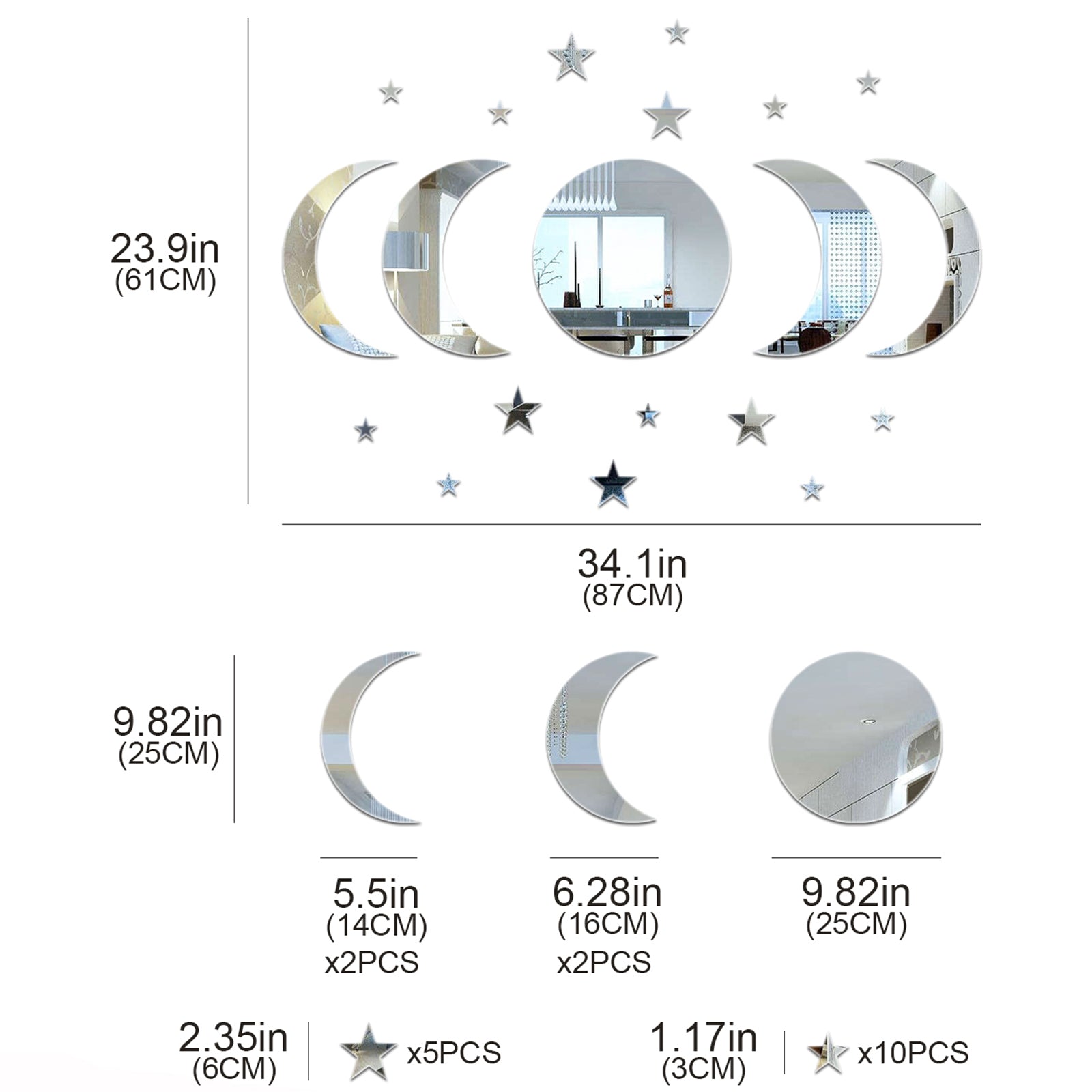 Set of moon and star wall stickers with measurements on a white background