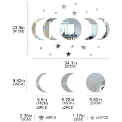 Set of moon and star wall stickers with measurements on a white background