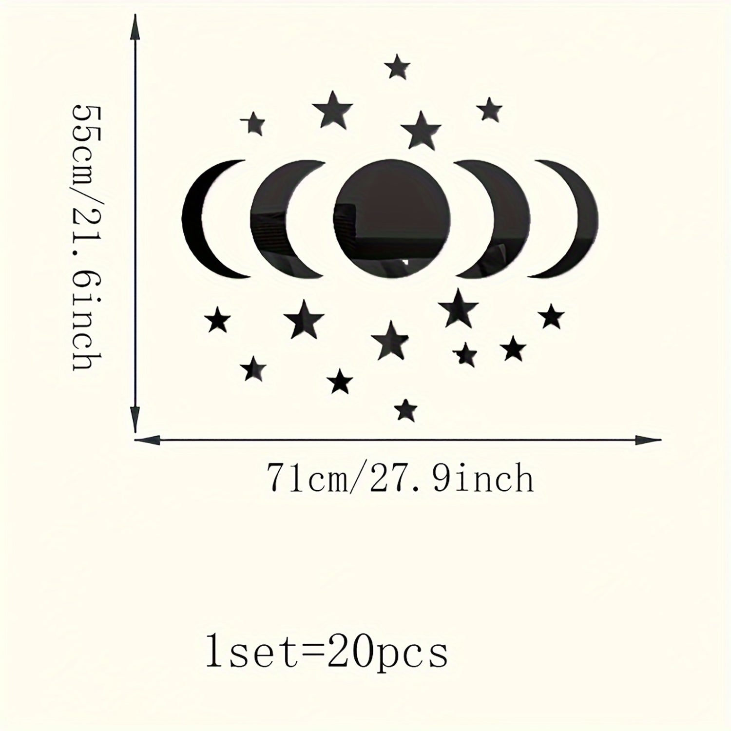 Black moon and star wall decal with measurements on a white background
