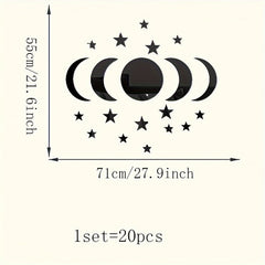 Black moon and star wall decal with measurements on a white background