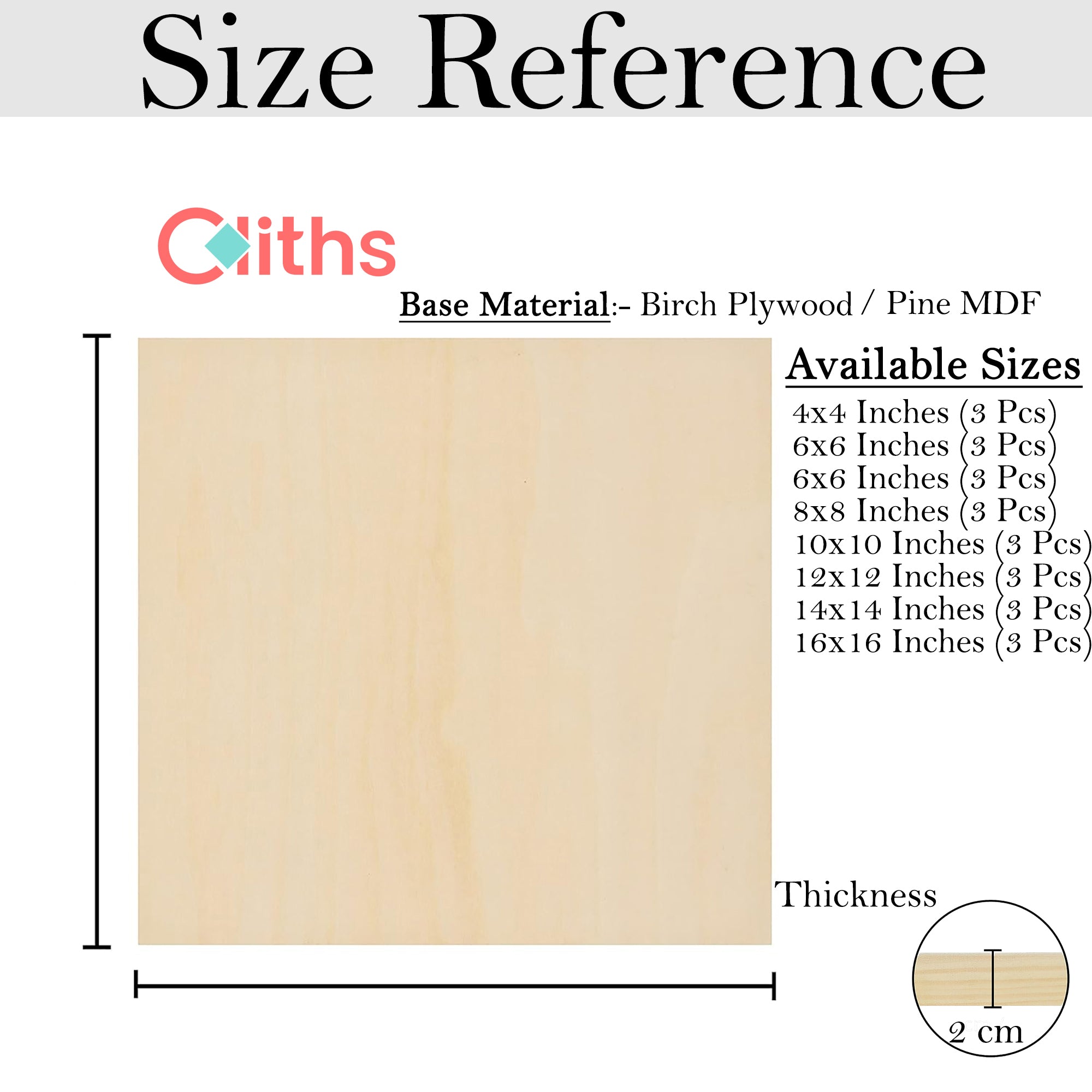 Size reference chart for wooden panels with Cliths branding and dimensions listed.