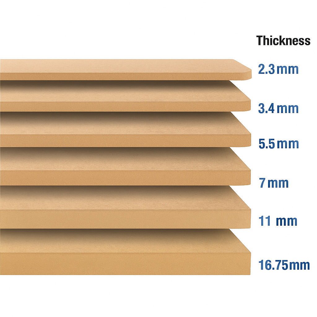 Stack of wooden boards with labeled thicknesses on a white background