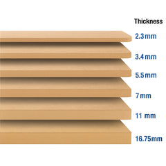Stack of wooden boards with labeled thicknesses on a white background
