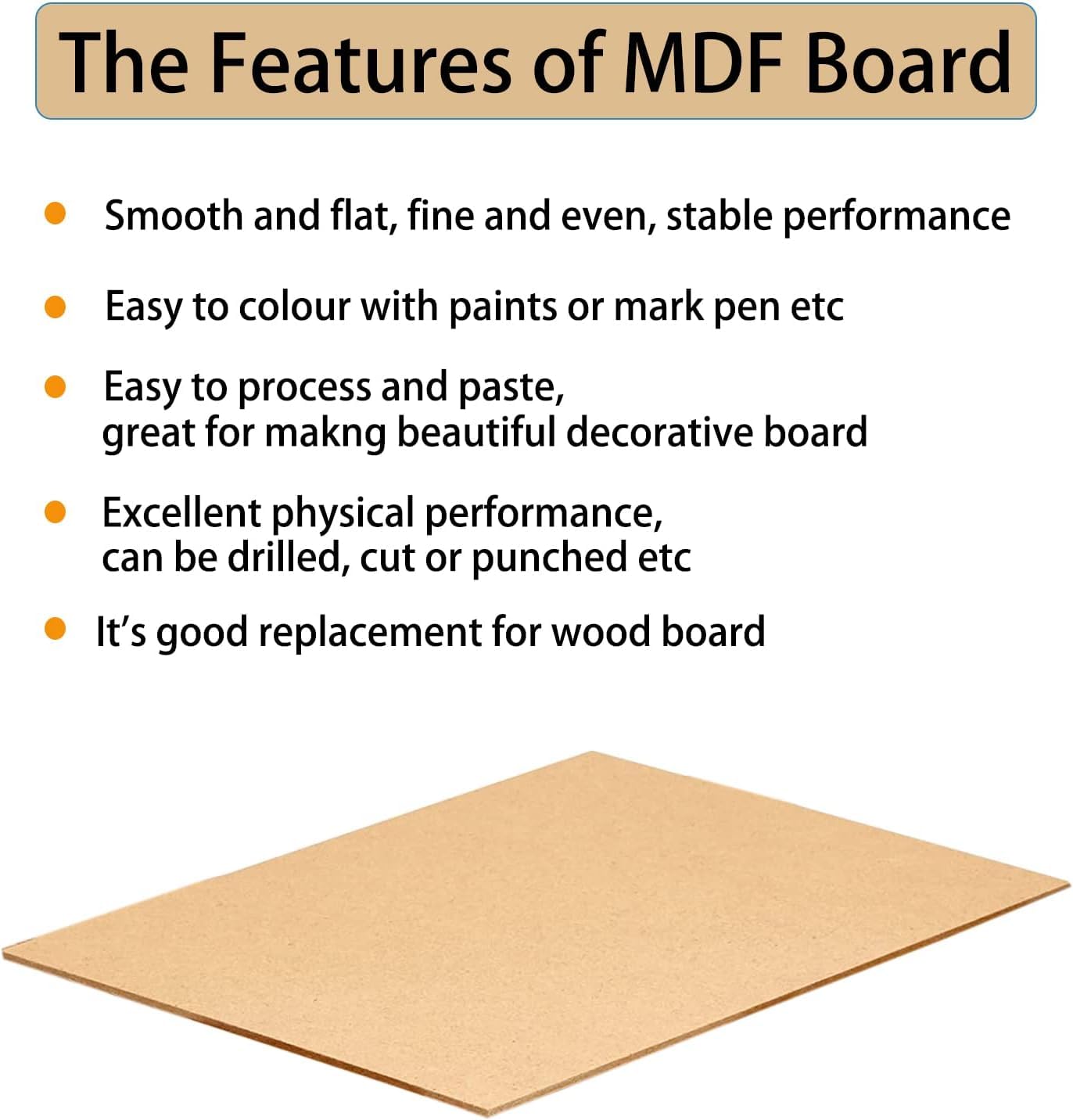 MDF board with features listed on a white background