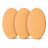Three oval-shaped brown coasters on a white background