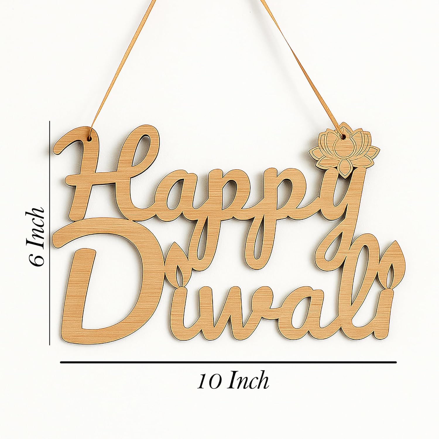 Wooden decorative sign with 'Happy Diwali' text and measurements on a white background