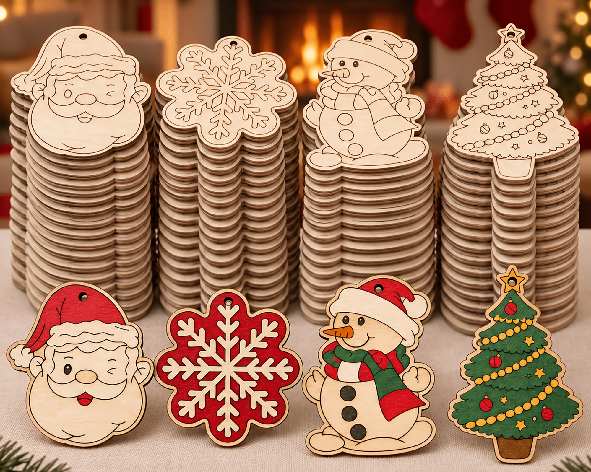 wooden Christmas tree sock bell snowflake shapes