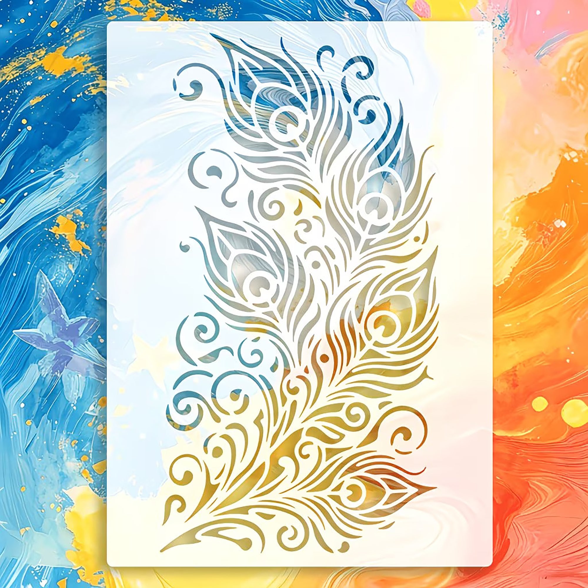peacock feather stencil for acrylic color applications
