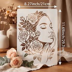 Floral Women PET Painting Stencil for DIY Art & Craft Reusable Lady & Rose Plastic Template for Canvas Fabric Wall Furniture & Journal Pack of 1 Cliths