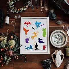 Cliths 1Pc Magical Stencils Witch Template with Dragon Rainbow Horse Mermaid Fairy Little Dwarf Pattern for DIY Painting on Wall Wood Canvas Paper Craft 8.3x11.7 inch