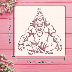 Stencil of a sitting figure with measurements on a pink background