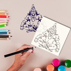 Stylized drawing of a creature on a white sheet with colored pencils and paint bottles on a beige background