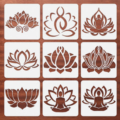 Set of nine stencils with lotus flower and yoga pose designs on a wooden background