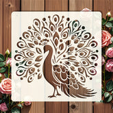 Decorative peacock stencil on a wooden background with pink roses.