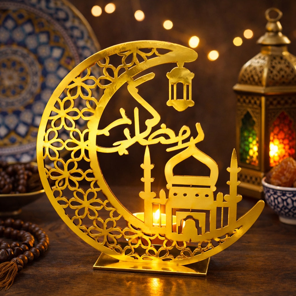 Decorative gold crescent moon and mosque sculpture with lanterns and prayer beads in the background