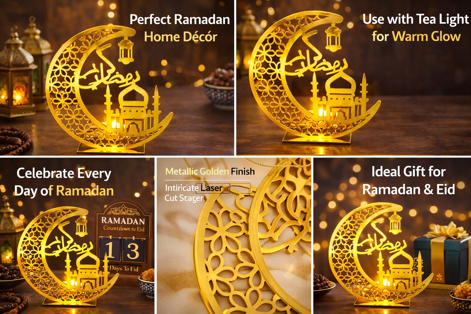 Decorative Ramadan moon lamp with tea light feature on a wooden surface.