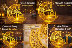 Decorative Ramadan moon lamp with tea light feature on a wooden surface.