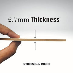 Hand holding a thin wooden rod with text indicating 2.7mm thickness and 'Strong & Rigid' on a white background