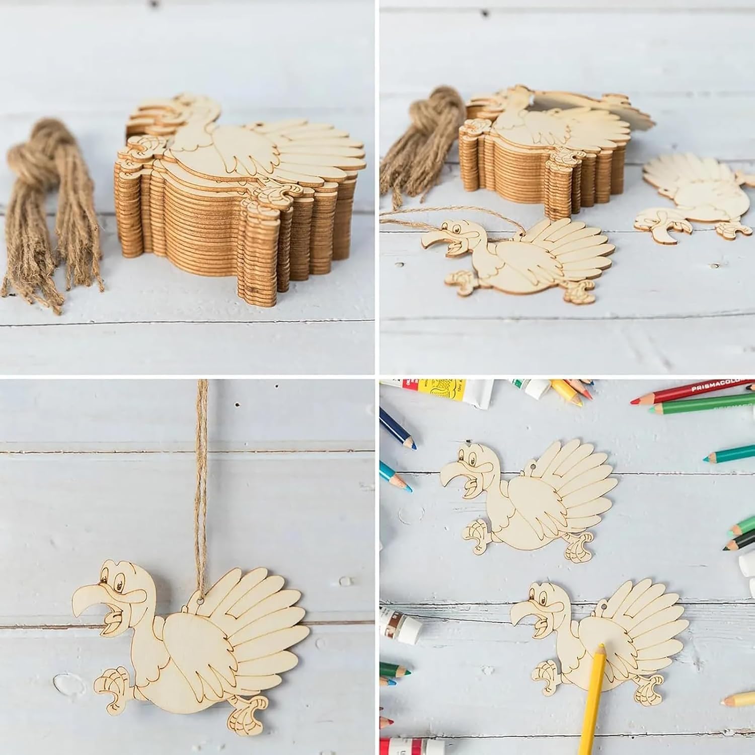 unfinished wood turkey cutout with twine